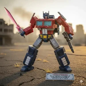An in-hand photo of the Voyager Class G2 Laser Optimus Prime Transformers Legacy figure, emphasizing its size and transformation complexity.