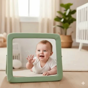 An infant-safe floor mirror used to encourage self-discovery and visual sensory engagement during play.