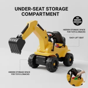 Illustration showing the hidden storage space under the seat of the excavator ride on toy for carrying small tools.