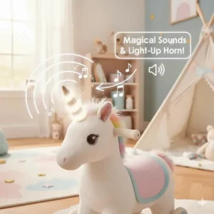 Graphic highlighting the light-up horn and magical sound effects of the unicorn ride-on toy.