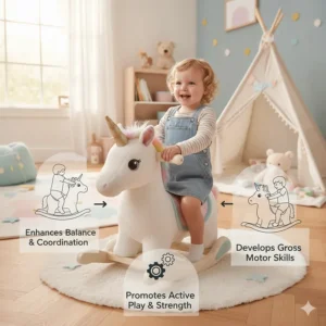 Illustration explaining how a unicorn ride-on toy helps toddlers develop balance and gross motor skills.