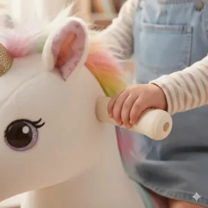 Close-up of the ergonomic easy-grip handles on a unicorn ride-on toy for extra stability.