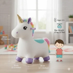 Illustration showing the height and weight capacity of the unicorn ride-on toy for kids aged 2 to 5.