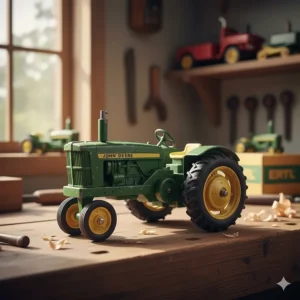 Detailed close-up of a vintage Ertl farm toy John Deere tractor model from the 1970s, showcasing its classic die-cast construction.