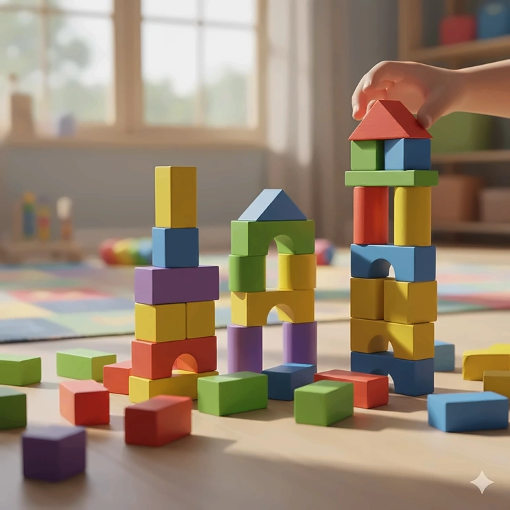 Stacked colorful wooden building blocks used as kindergarten toys to develop fine motor skills.