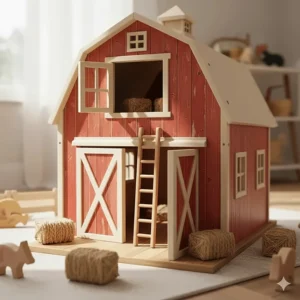 Close-up detail of the main wooden barn structure from a large toy farm set, showing hinged doors and a loft for storing hay bales.