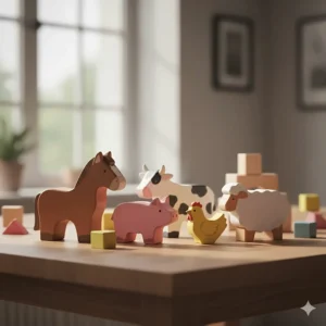 An assortment of hand-painted, eco-friendly wooden toy farm animals, emphasizing natural materials and craftsmanship.