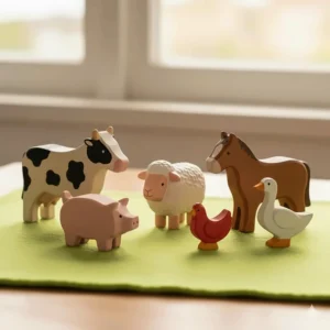 A collection of smooth-sanded wooden toy farm animals including cows, pigs, and sheep.