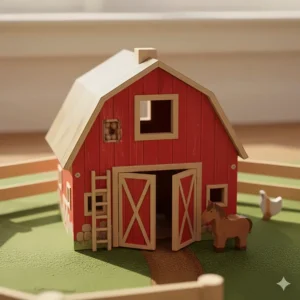 Close-up of a rustic wooden toy farm barn with functional swinging doors and a hay loft.
