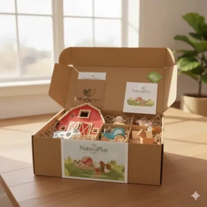 The organized eco-friendly packaging for a deluxe wooden toy farm gift set.