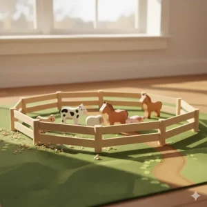 Interlocking wooden toy farm fences forming a corral for toy horses and livestock.