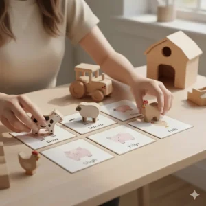 A Montessori-inspired wooden toy farm setup used for teaching animal names and fine motor skills.