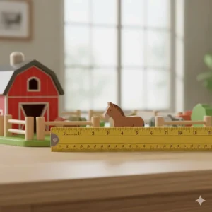A wooden toy farm displayed next to a standard ruler to show scale and portable size.