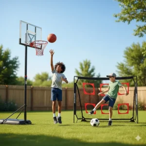 An illustration of a portable basketball hoop and soccer trainer for 10 to 12 year olds.