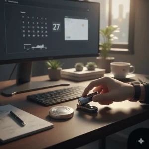 Professional metal haptic coin and fidget slider used by an adult at a computer workstation.