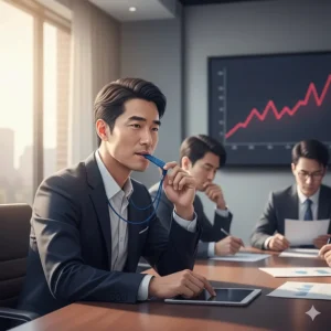 An illustration of a person feeling calm while using a discreet silicone chewable during a high-pressure meeting.