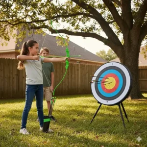 A safe foam-tipped archery set with a target board designed for preteen skill levels.
