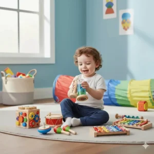 Simple musical instruments and rainmakers used as auditory sensory toys for toddlers on the spectrum.