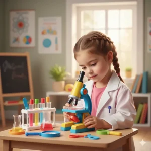 A colorful science lab kit for 5-year-olds featuring a toy microscope and plastic test tubes.