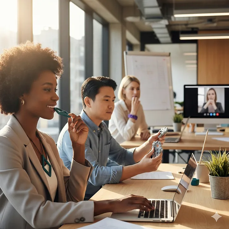 A diverse group of adults using stylish sensory chew necklaces and handheld stress-relief chewables in a modern office setting. chew toys for adults