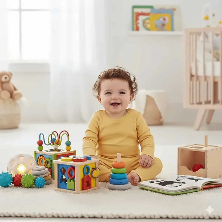 A happy 9 month old baby sitting on a play mat surrounded by colorful developmental toys including a shape sorter and activity cube. toys for 9 month old