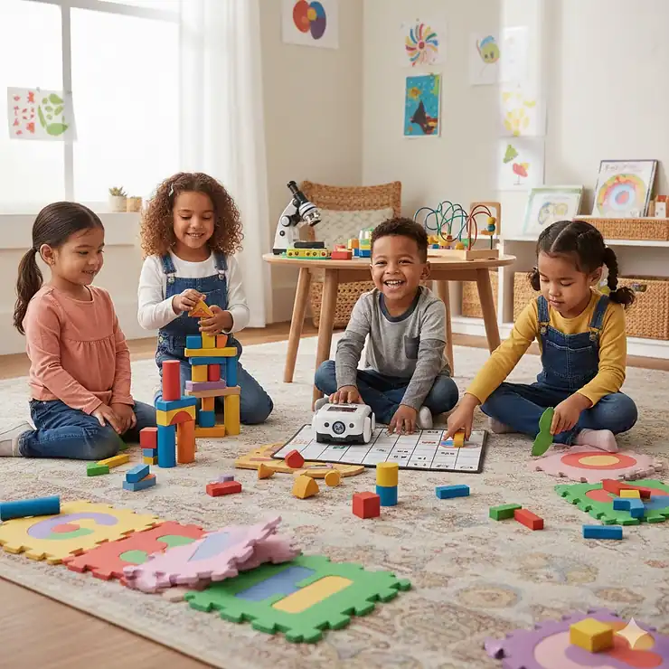 A group of diverse 5-year-old children playing together with various educational and learning toys on a bright rug. learning toys for 5 year olds