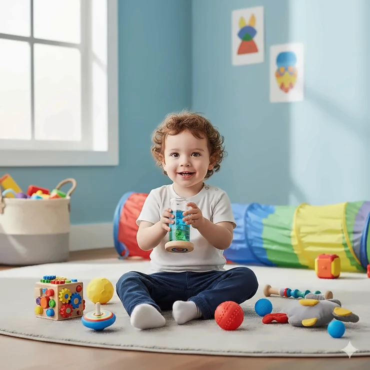 A collection of top-rated sensory toys for autistic toddlers, including liquid motion bubblers, textured balls, and a fidget spinner on a play mat.
