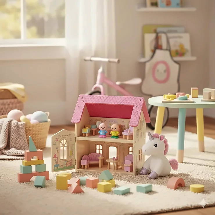 A curated selection of the best toys for 2 year old girls, including a wooden dollhouse and colorful building blocks on a playroom rug.