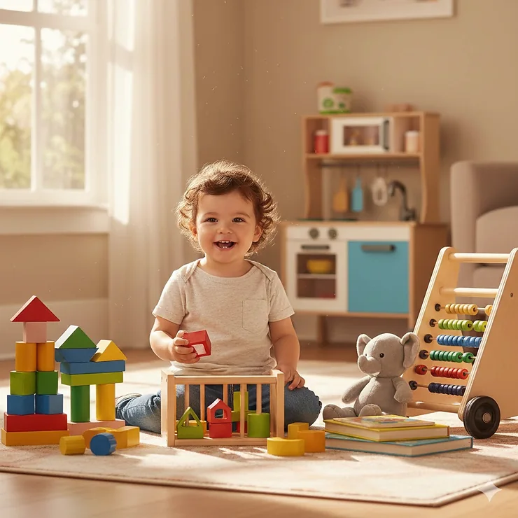 A toddler playing with a variety of the best toys for 18 month olds including wooden blocks and a shape sorter on a play mat.