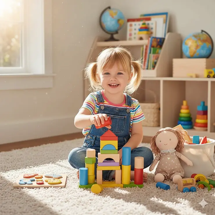 A young child happily playing with a variety of the best toys for 3 year olds, including colorful building blocks and wooden puzzles in a sunlit room.