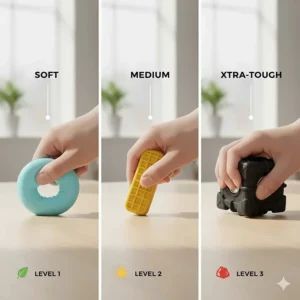 A chart illustrating different levels of firmness from soft to extra-tough for heavy-duty adult chewers.