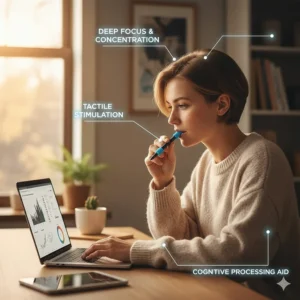 A person working at a laptop with a chewable pencil topper to improve deep focus and cognitive processing.