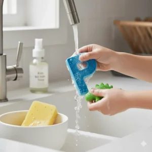 An infographic showing how to wash silicone sensory chew toys in warm soapy water for hygiene.