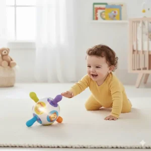 A colorful motorized ball toy designed to encourage a 9 month old to crawl and move across the floor.