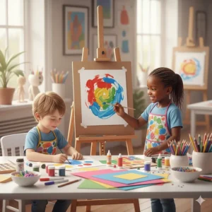 A colorful illustration of a deluxe art easel and craft supplies for creative 6-year-old kids.