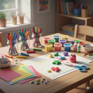 An overhead illustration of child-safe washable markers, modeling clay, and large drawing paper for creative four-year-old artists.