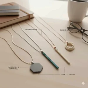 A flat-lay illustration of stylish, minimalist pendant necklaces designed as discreet chew toys for professional adults.