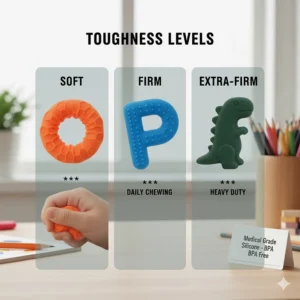 A comparison chart showing different toughness levels of sensory chew toys from soft to extra-firm.