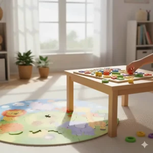 A flat-lay illustration of a large floor puzzle featuring animals and a wooden alphabet sorting board for cognitive development.