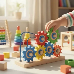 Educational STEM toys for 3 year olds featuring a colorful gear toy set and building blocks to help develop fine motor skills.