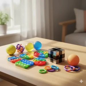 A collection of colorful silicone pop-its, infinity cubes, and stress balls for tactile stimulation.