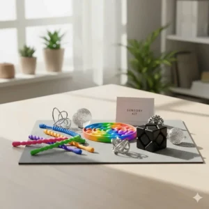 A collection of tactile fidget toys including textured silicone strings, pop-its, and infinity cubes for focus and anxiety relief.