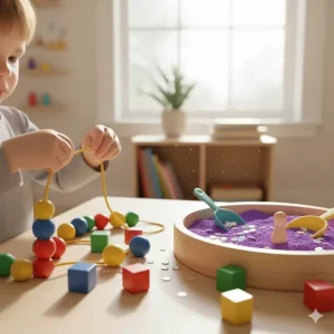 An illustration of lacing beads and a sensory bin filled with colorful sand and scoops to help four-year-olds improve hand-eye coordination.