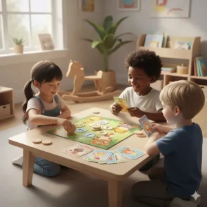 An illustration of a simple matching board game and a set of storytelling cards for social play and turn-taking skills.