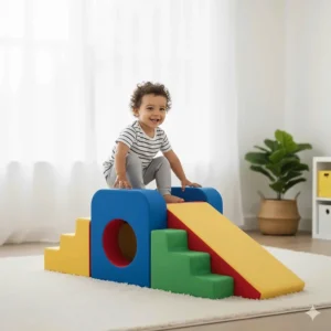 Soft foam climbing blocks and indoor play structures for active 18 month old toddlers.
