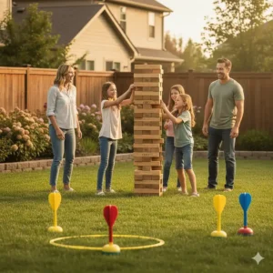 A giant wooden tumbling tower and lawn darts set for family outdoor gatherings.