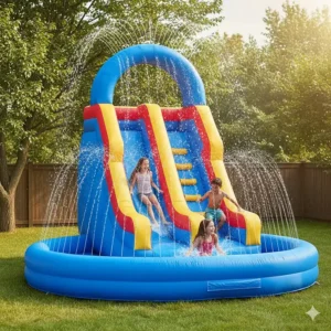 A high-quality inflatable water slide suitable for the height and weight of 10-12 year olds.