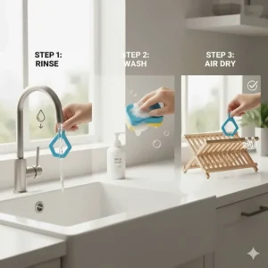 A step-by-step visual guide on cleaning silicone chew toys with warm soapy water for proper hygiene.