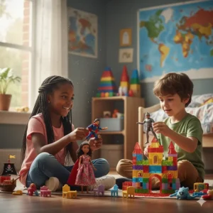 Illustration of diverse dolls and action figures that encourage imaginative storytelling for six-year-old children.