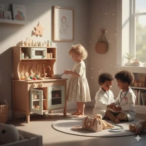 A whimsical illustration of a wooden play kitchen and a doctor’s role-play kit, perfect for fostering imagination in four-year-olds.